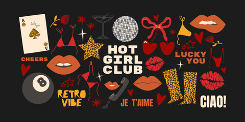 Cartoon set of ganster stickers grunge star girl in 90s style. Lipstick, retro vinyl, leopard, disco ball, cocktails. Musical disco aesthetics in hippie funky groovy style