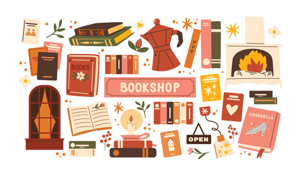 Bookshop stickers and autumn decor. Cozy shapes attributes of autumn: plants, leaves, books, fireplace, warmth and coziness. Cute library stickers in retro cartoon doodle style