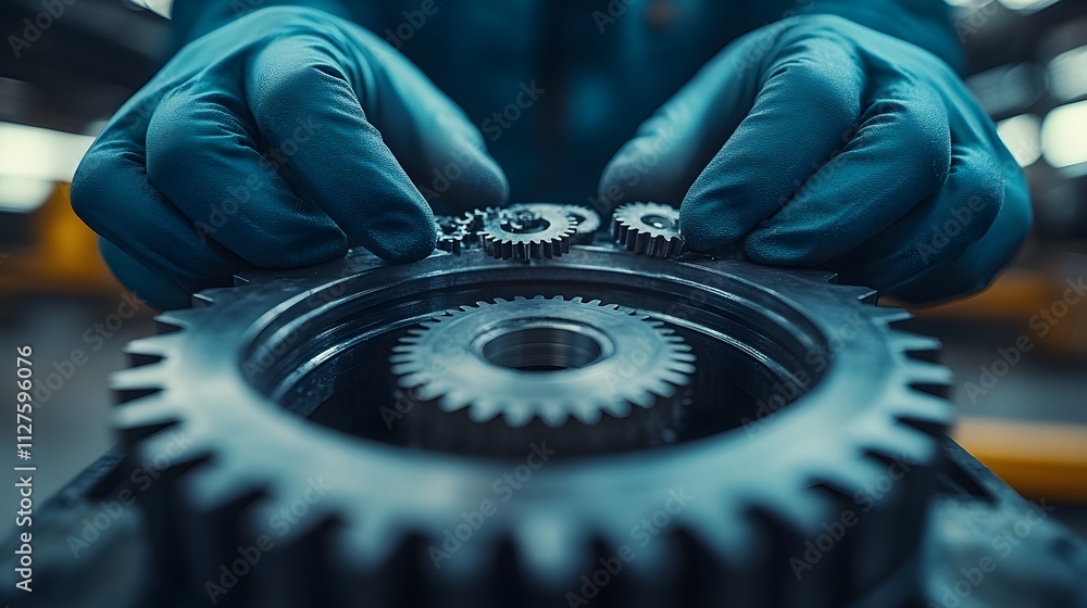 Poster close-up of hands assembling gears in a mechanical setting, showcasing precision engineering.