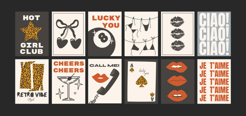 Cartoon posters of ganster grunge star girl in 90s style. Lipstick, retro vinyl, hat, disco ball, cocktails. Musical disco aesthetics in hippie funky groovy style © Limpreom