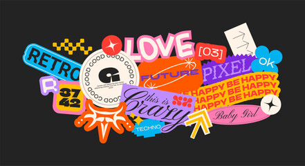 Naklejka premium Futuristic y2k patches, labels, tags, stickers, bracelet stamps in retro style. Cartoon stickers in funky hipster groovy grunge 90s style. Vector set, trendy promo labels
