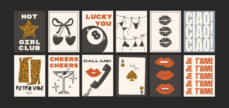 Cartoon posters of ganster grunge star girl in 90s style. Lipstick, retro vinyl, hat, disco ball, cocktails. Musical disco aesthetics in hippie funky groovy style