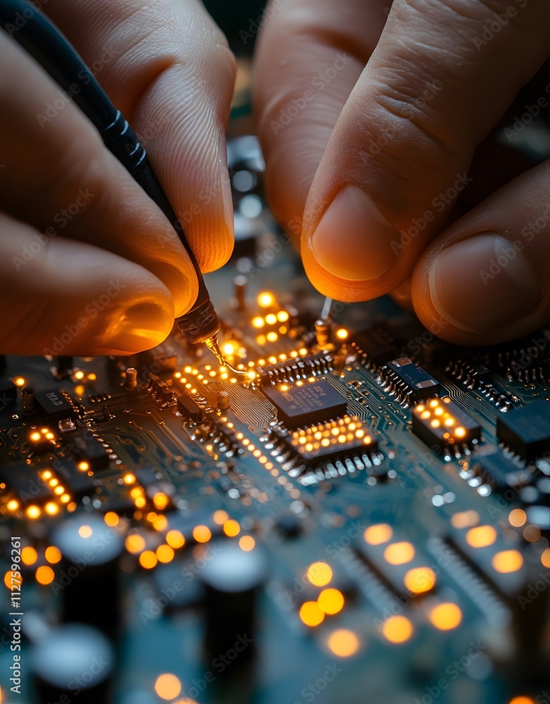 Poster close-up of a person working on a circuit board with glowing components.