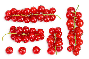 Red currant berries isolated on white background. Top view. Flat lay