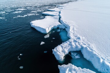 This striking image showcases an ice edge meeting expansive dark waters, emphasizing the boundary between solid and liquid forms in a vast, cold, and beautiful landscape.