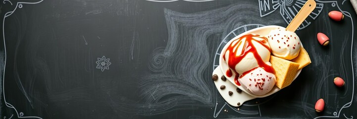 A rustic chalkboard menu template featuring a variety of options for breakfast, lunch, desserts, and ice cream, cafe, template