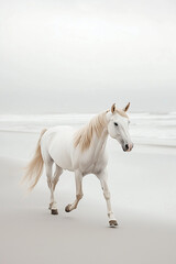White Horse Walking on White Sand Beach