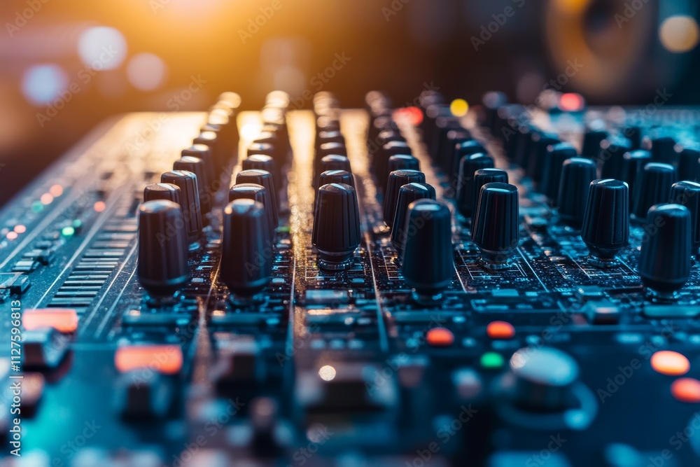 Poster captivating image of a sound board in a professional recording studio environment