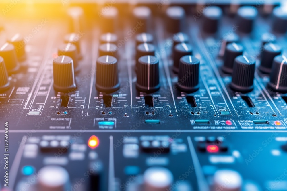 Poster captivating image of a professional sound board in a modern recording studio environment