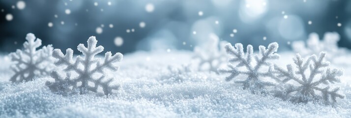 Winter Scene, Close-up of Frost-covered Snowflakes Floating over Blue Sky, Dreamlike Quality