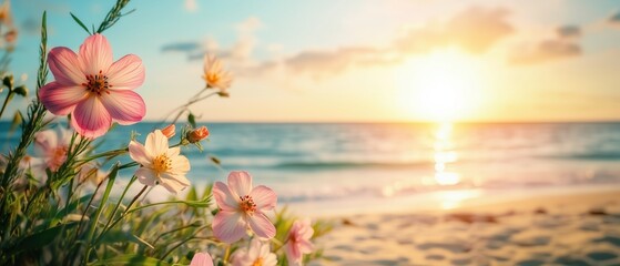 Beautiful pink flowers framing a defocused seaside background on a sunny evening