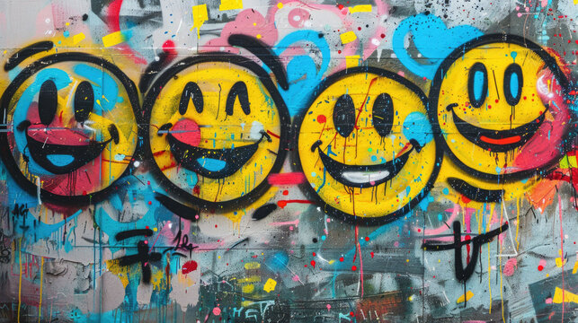 A row of vivid smiley faces in graffiti style on a textured urban wall with energetic splashes of color and abstract background