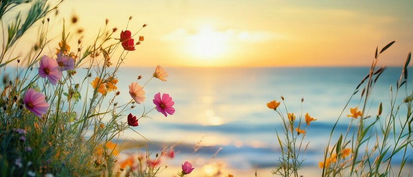 Flowers framing a defocused seaside background on a sunny evening