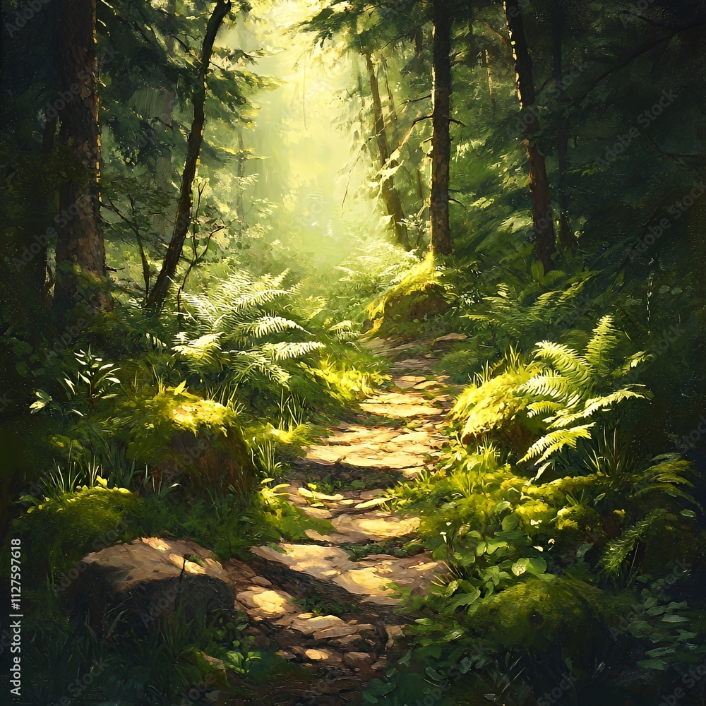 Wall mural sunlit forest path with light streaming through dense trees