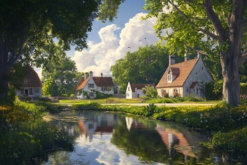 Obraz premium A serene countryside scene featuring charming cottages by a reflective stream and lush greenery.