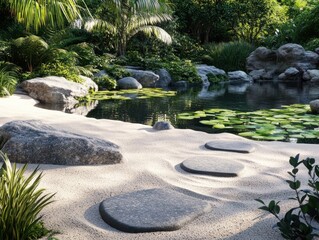 Serene garden pond, stepping stones, lush greenery.