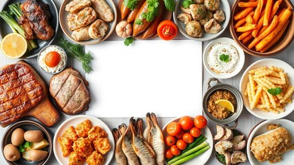 A vibrant collage featuring a variety of dishes including seafood, meat, and vegetables on a banner, food, menu