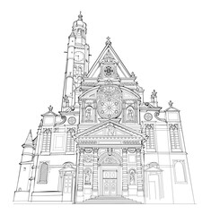 Drawing of church Saint-Étienne-du-Mont in Paris. Sketch of ancient gothic cathedral. Black and white page for kids coloring book. French medieval architecture. Hand drawn vector illustration.