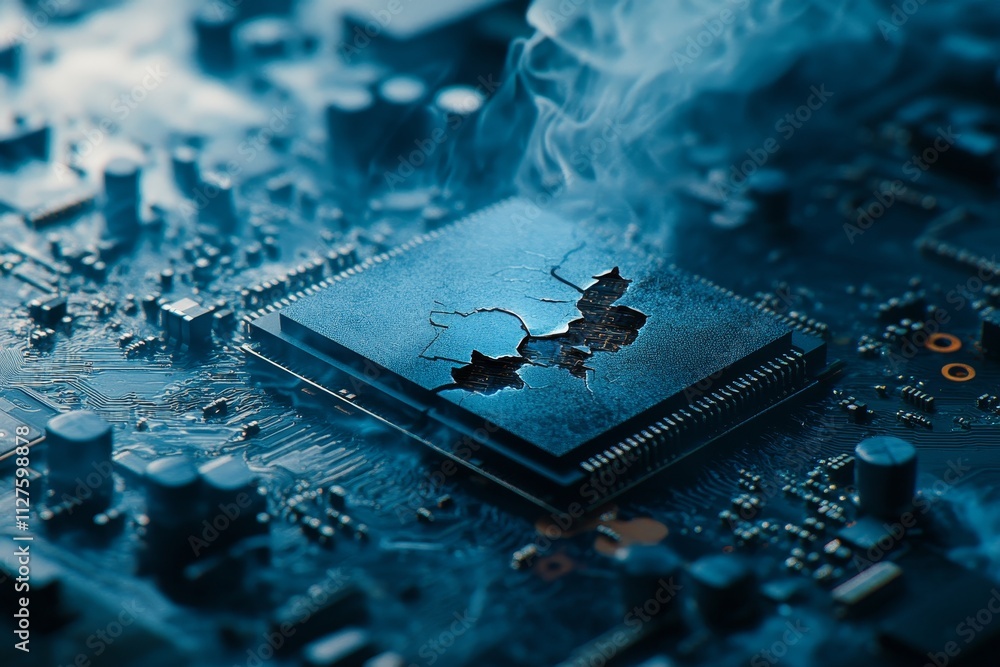 Poster close up of a damaged computer chip with visible cracks and smoke against a digital backdrop