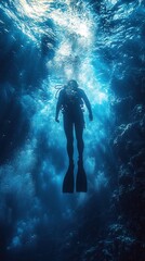 A diver's silhouette descending into the blue ocean depths among fish and corals illuminated by sunbeams
