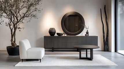 Modern minimalist living room with armchair, sideboard, round mirror, and olive tree.