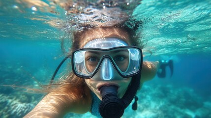 Fototapeta premium A portrait of a girl underwater and air bubbles, capturing the beauty and weightlessness of the underwater world