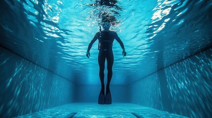 Freediver in a serene pool, floating vertically underwater with sunlight reflections creating mesmerizing patterns
