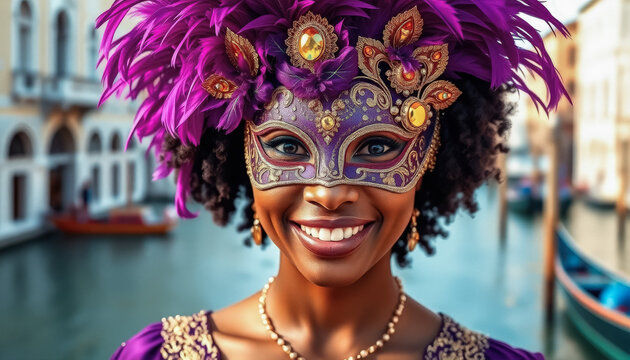 A cheerful woman in an ornate purple mask with feathers, posing near a vibrant Venetian street during a festive evening.