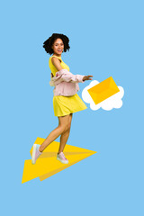 Composite trend artwork sketch image collage of young lady stand huge paper plane fly moving hand hold cloud envelope message letter