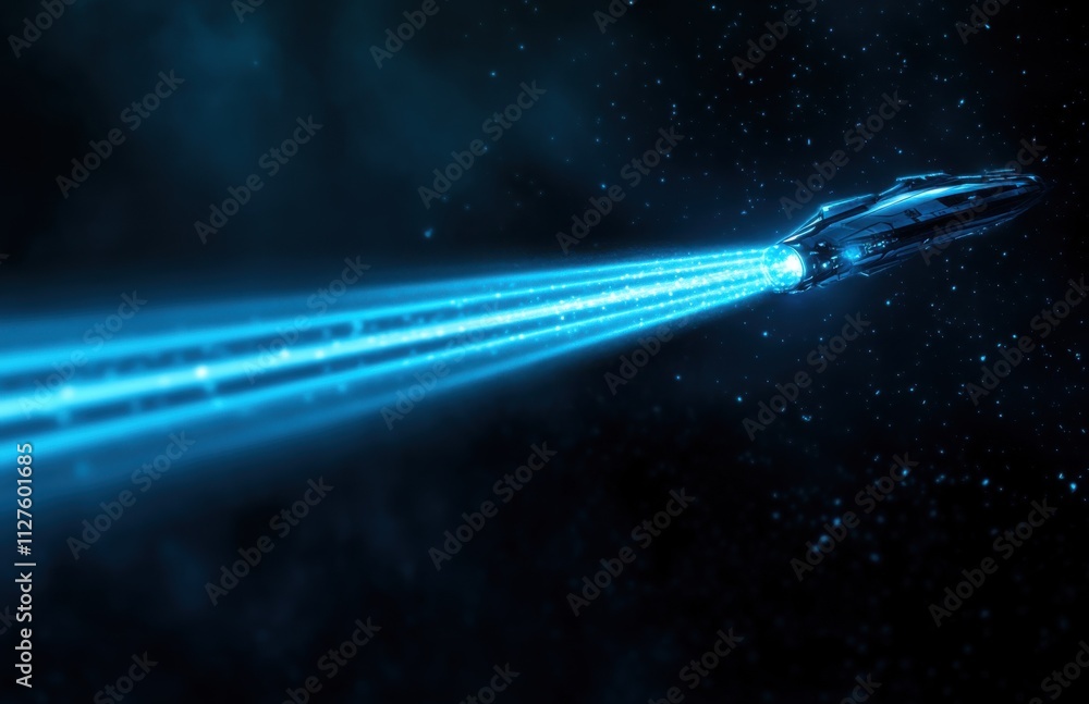 Aufkleber Side view of a spaceship flying in space, with a blue light trail behind it and a dark background. The ship has a blue glow, and a laser beam is emitting from its back.
