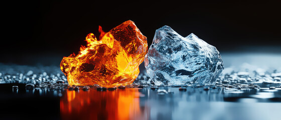 A dramatic contrast of fire and ice crystals with reflections, featuring an amber-glowing crystal alongside a clear ice formation against a dark background. Generative AI.