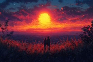 Fototapeta premium a landscape painted in bright colors, the sun shines brightly in the center and a couple in love stands