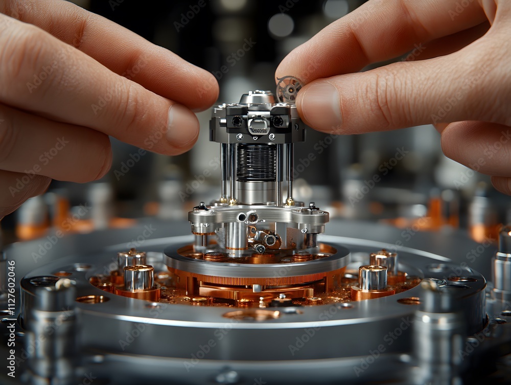 Poster close-up of hands assembling a precision mechanical component in a high-tech environment.