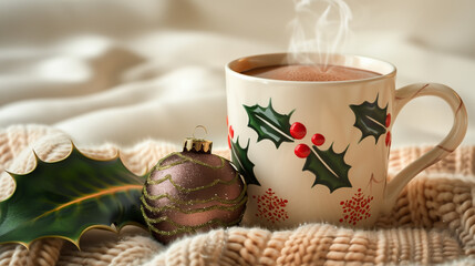 Beautifully decorated mug of hot cocoa, steaming and cozy with holly leaves and berries patterned around the rim and handle, set on an elegant Christmas tablecloth adorned with small red ornaments