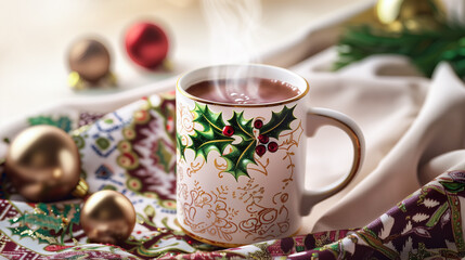 Beautifully decorated mug of hot cocoa, steaming and cozy with holly leaves and berries patterned around the rim and handle, set on an elegant Christmas tablecloth adorned with small red ornaments