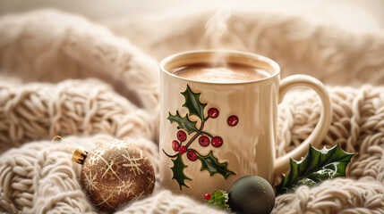Beautifully decorated mug of hot cocoa, steaming and cozy with holly leaves and berries patterned around the rim and handle, set on an elegant Christmas tablecloth adorned with small red ornaments