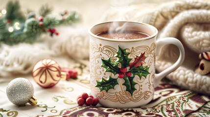 Beautifully decorated mug of hot cocoa, steaming and cozy with holly leaves and berries patterned around the rim and handle, set on an elegant Christmas tablecloth adorned with small red ornaments