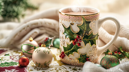 Beautifully decorated mug of hot cocoa, steaming and cozy with holly leaves and berries patterned around the rim and handle, set on an elegant Christmas tablecloth adorned with small red ornaments