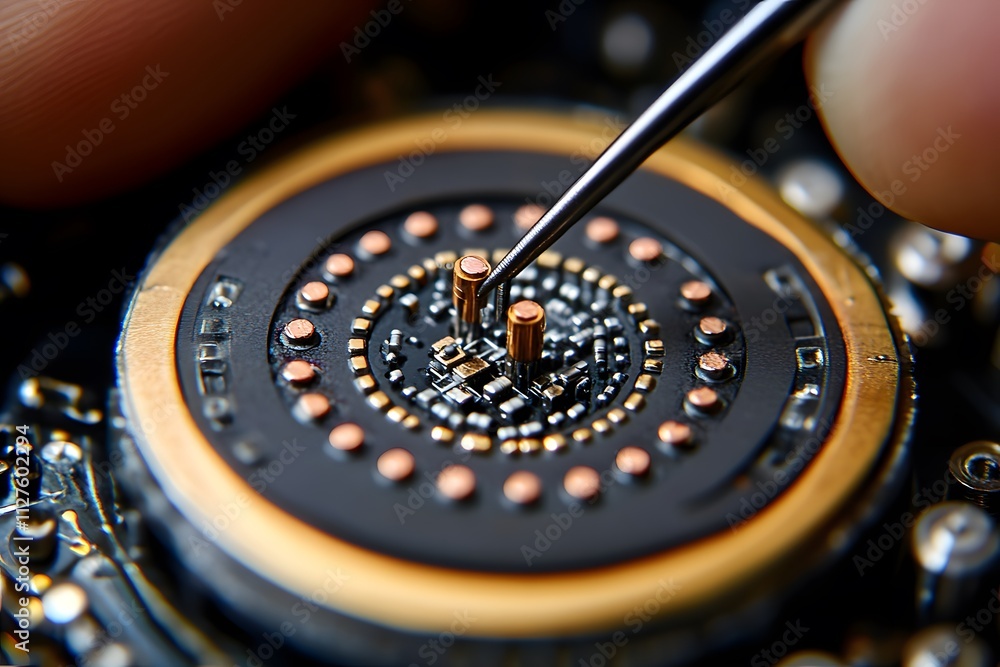 Poster close-up of a microchip being worked on with precision tools.