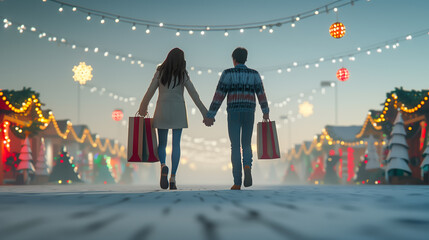 Couple Holding Hands with Shopping Bags. A couple holding hands and carrying shopping bags while walking down a decorated street with lights and holiday decor