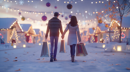 Couple Holding Hands with Shopping Bags. A couple holding hands and carrying shopping bags while walking down a decorated street with lights and holiday decor