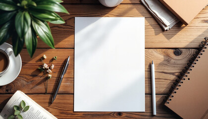 A4 paper mockup on wooden table with office supplies