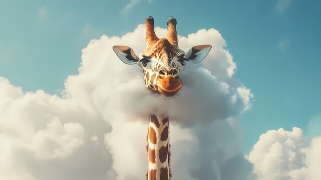 Giraffe, head in the clouds. Reverie. Illustration