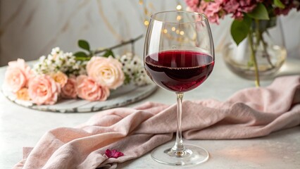 Elegant Red Wine Glass On White Tablecloth