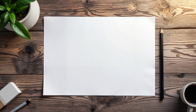 A4 paper mockup on wooden table with accessories