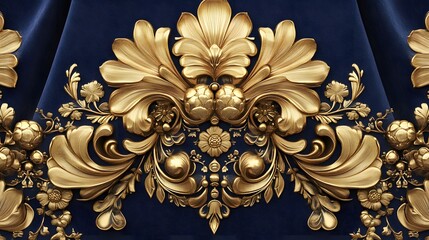 Ornate golden floral design on a rich blue background, ideal for decorative purposes.