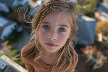 Obraz premium A photograph captures a young girl with striking blue eyes and freckles gazing upwards amidst a blurred suburban background on a sunny day