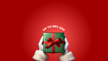 papai noel segurando pacote de presente escrito "UP TO 58% OFF"