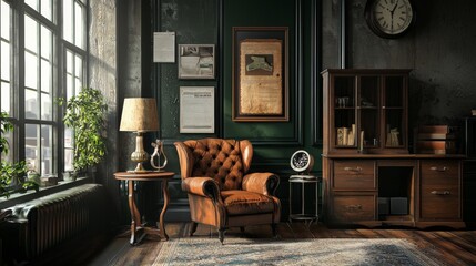 Cozy vintage study room with leather armchair