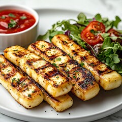 Closeup crispy grilled Halloumi fries in white plate, blurred background, space for text